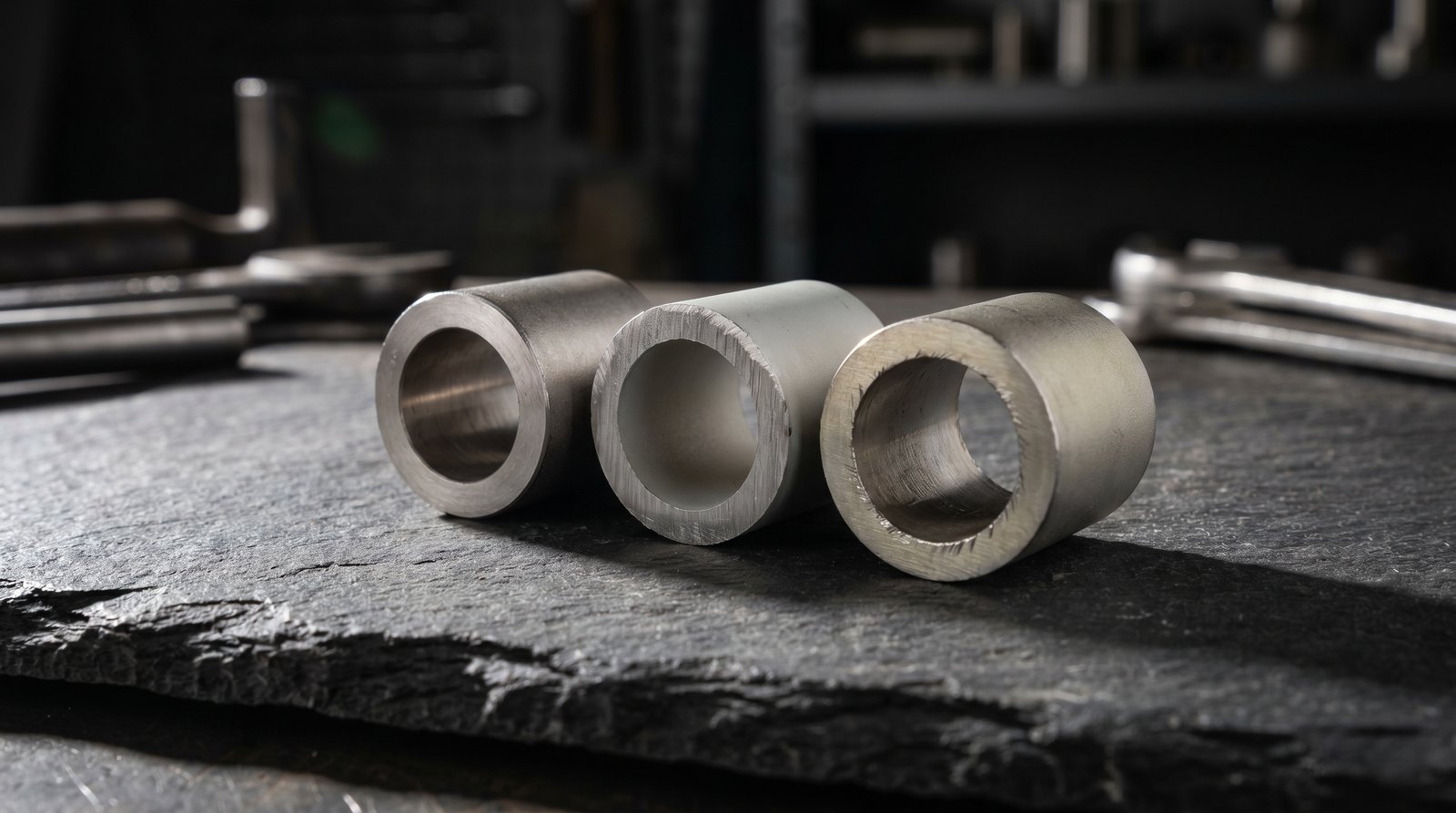 Macro cross-section comparison of 304, 316, and 316L stainless steel tubing showing wall thickness.