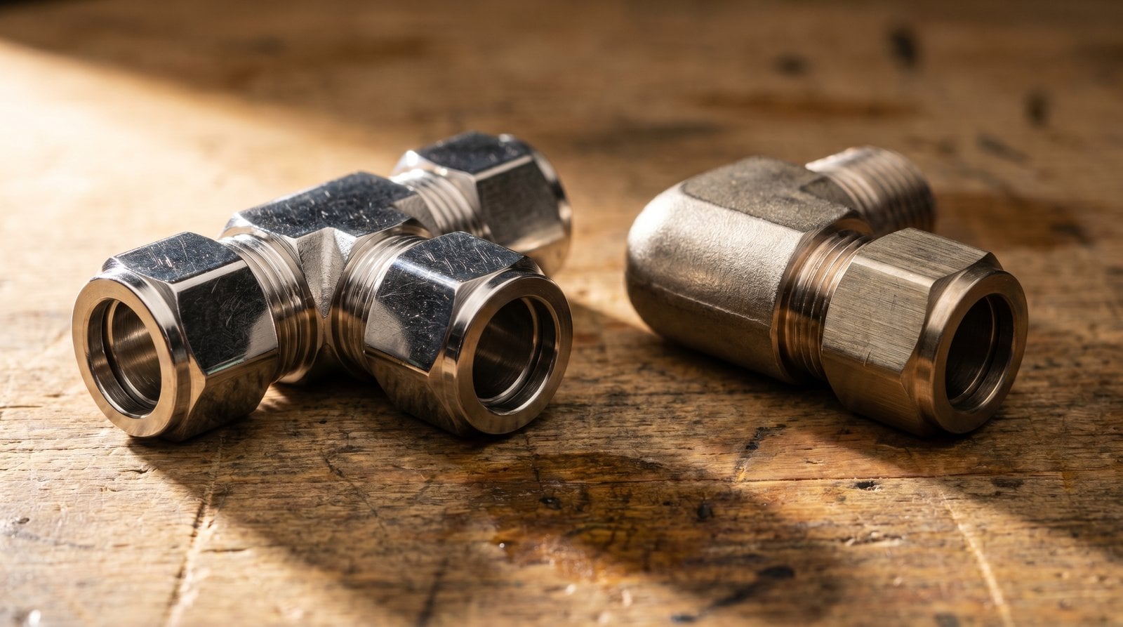 Side-by-side macro of 316L and Inconel tube fittings showing slight color and finish differences.