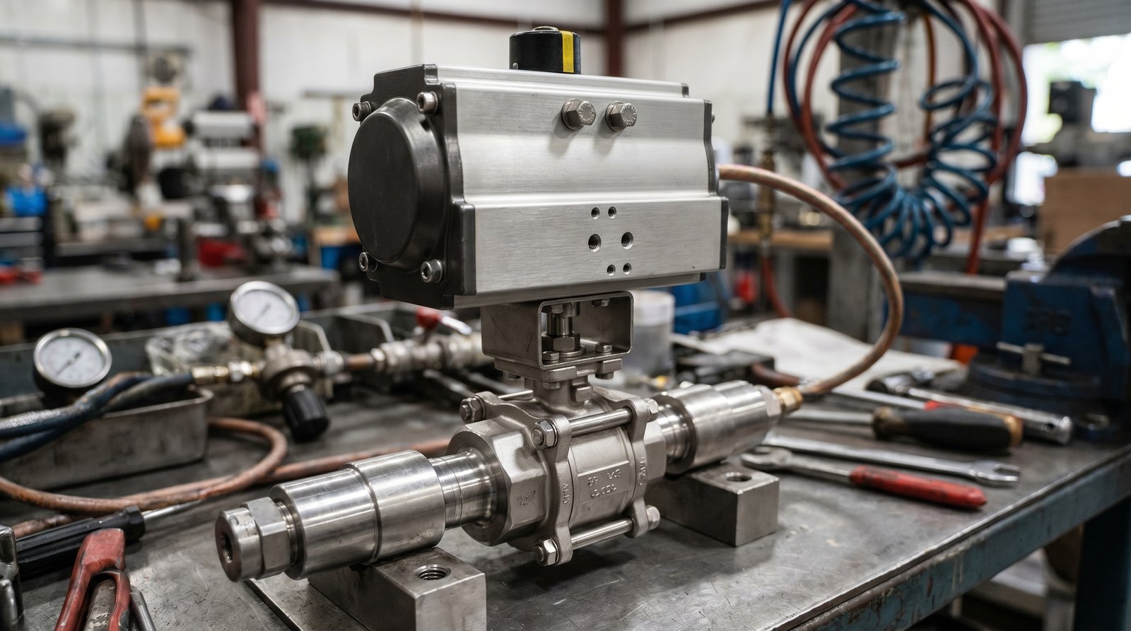 Pneumatic actuator mounted on a stainless steel ball valve undergoing cycle testing.