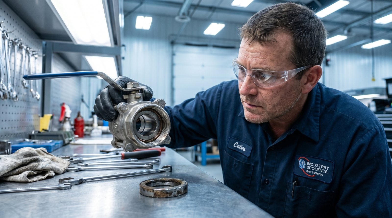 Maintenance technician inspecting a failed ball valve at a plant maintenance shop.