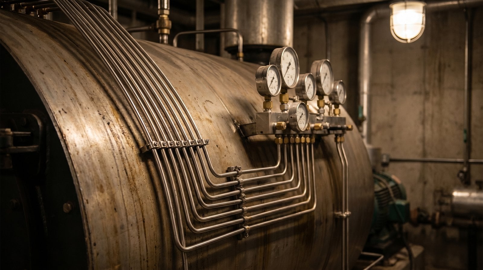 Boiler drum instrument lines with stainless steel tube fittings in a power plant.
