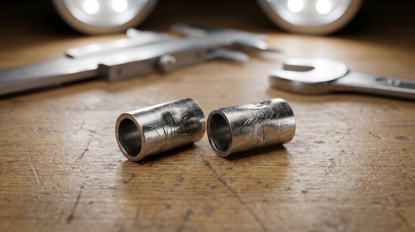 Two mismatched-brand ferrules removed from a failed compression fitting, laid on a diagnostic bench.