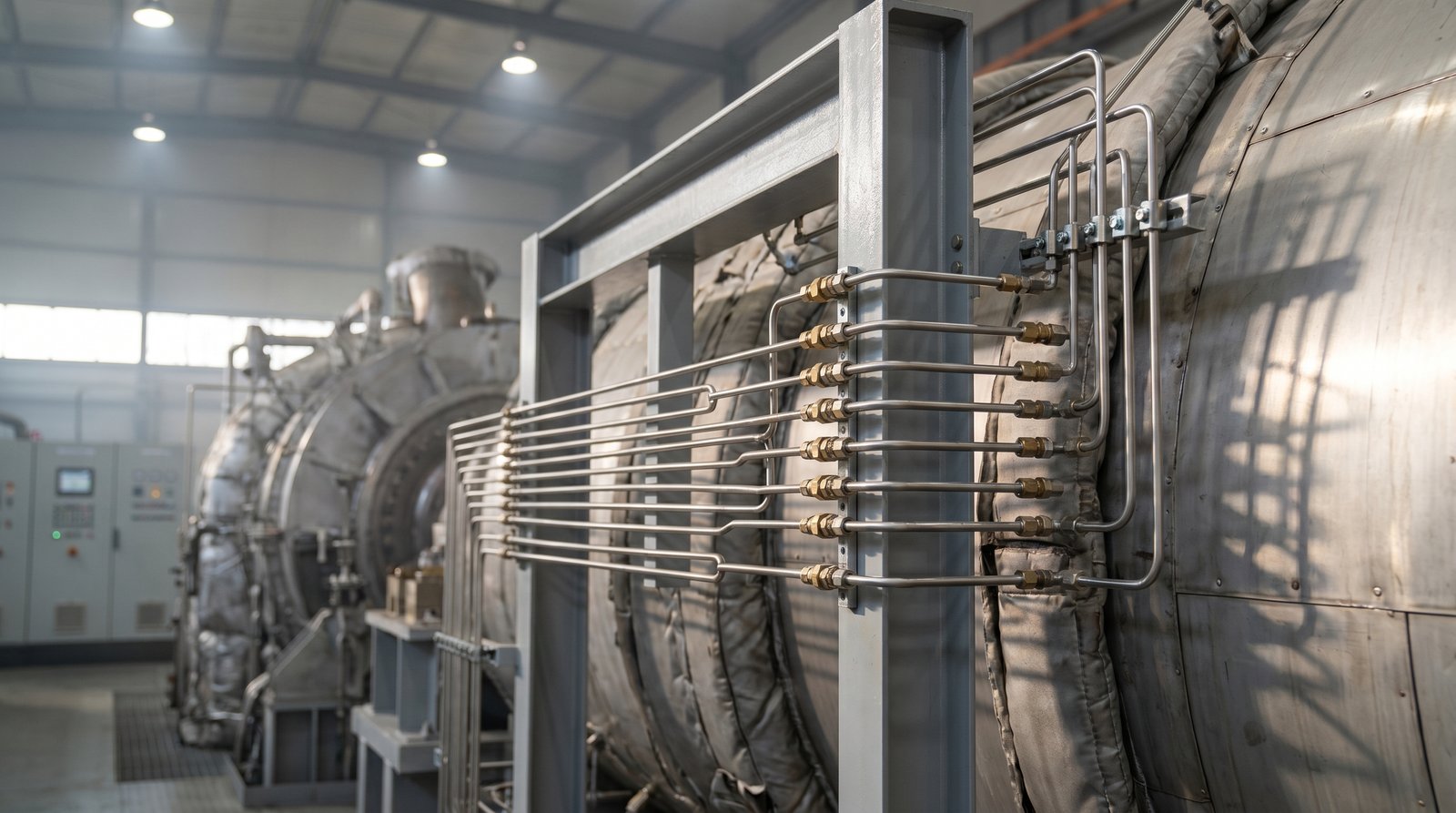 Combined-cycle gas turbine instrumentation piping with small-bore tube fittings.