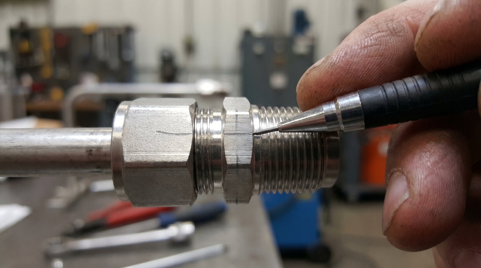 Pencil reference line drawn across the nut and body of a compression fitting before reassembly.