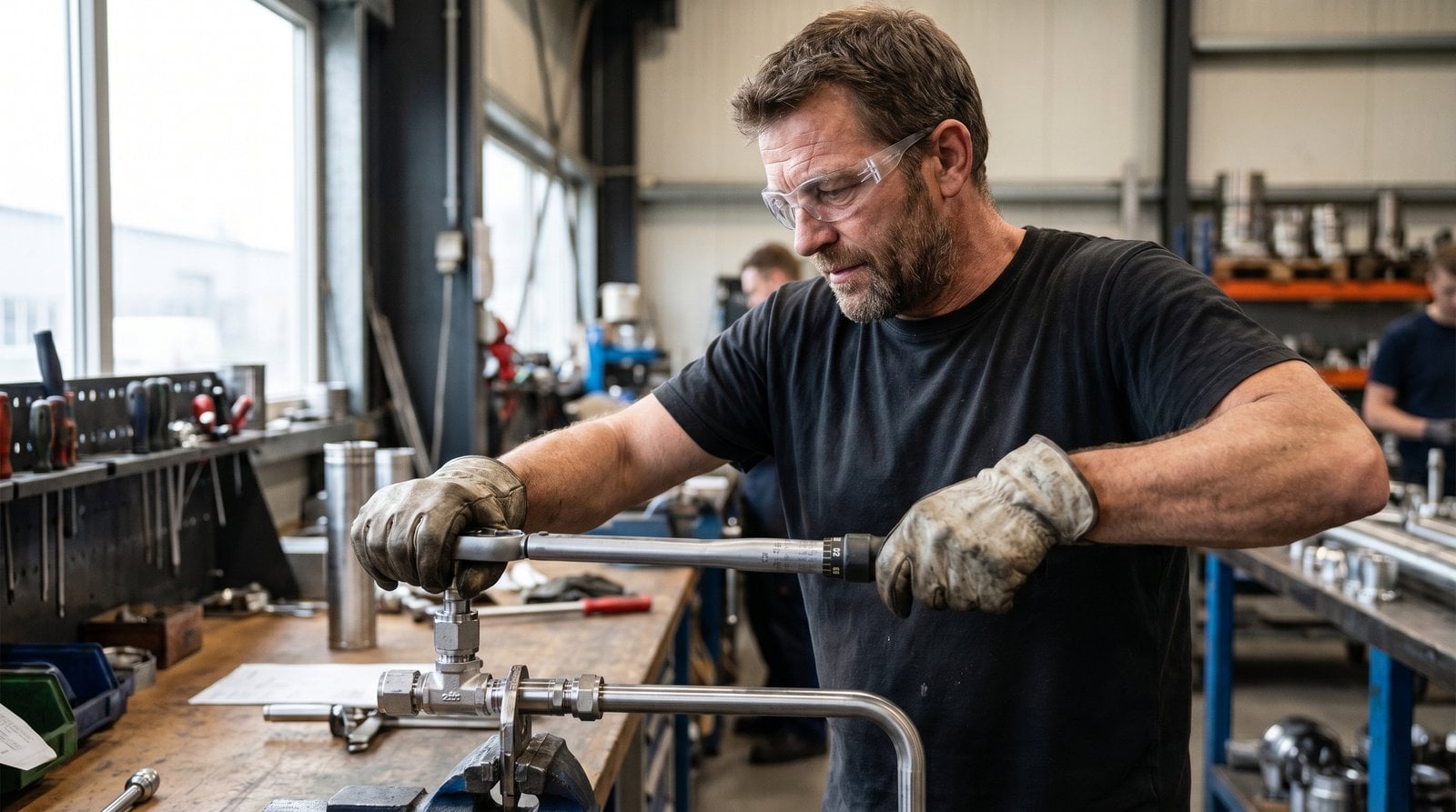Maintenance technician using a torque wrench to reassemble a compression fitting at 1/4 turn past finger-tight.
