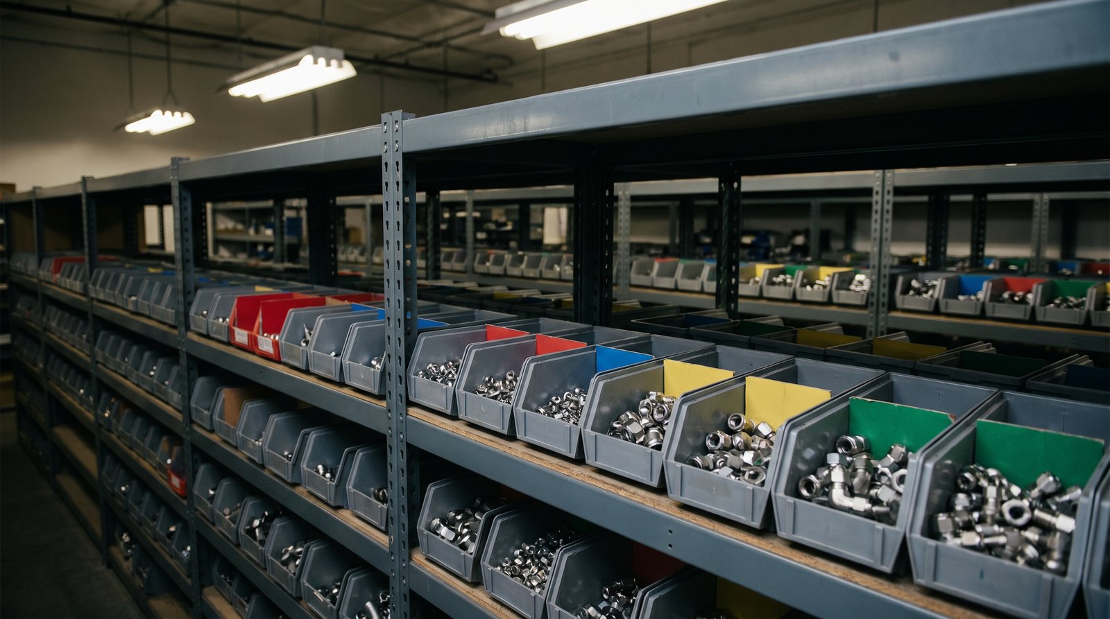 Spare-parts storage bins of compression fittings clearly separated by brand in an industrial warehouse.