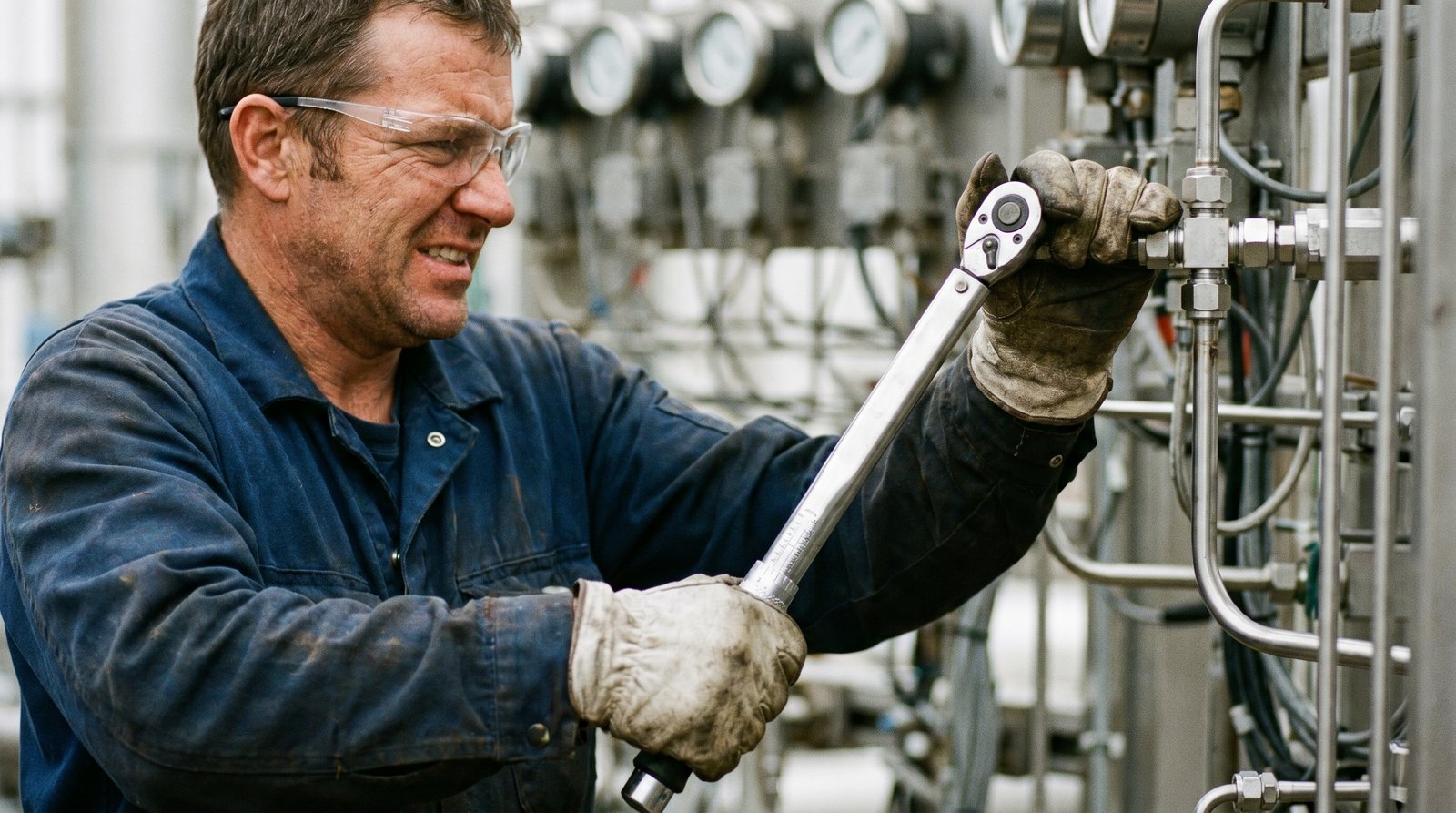 Industrial fitter torquing a stainless steel compression fitting onto a rigid tube run.