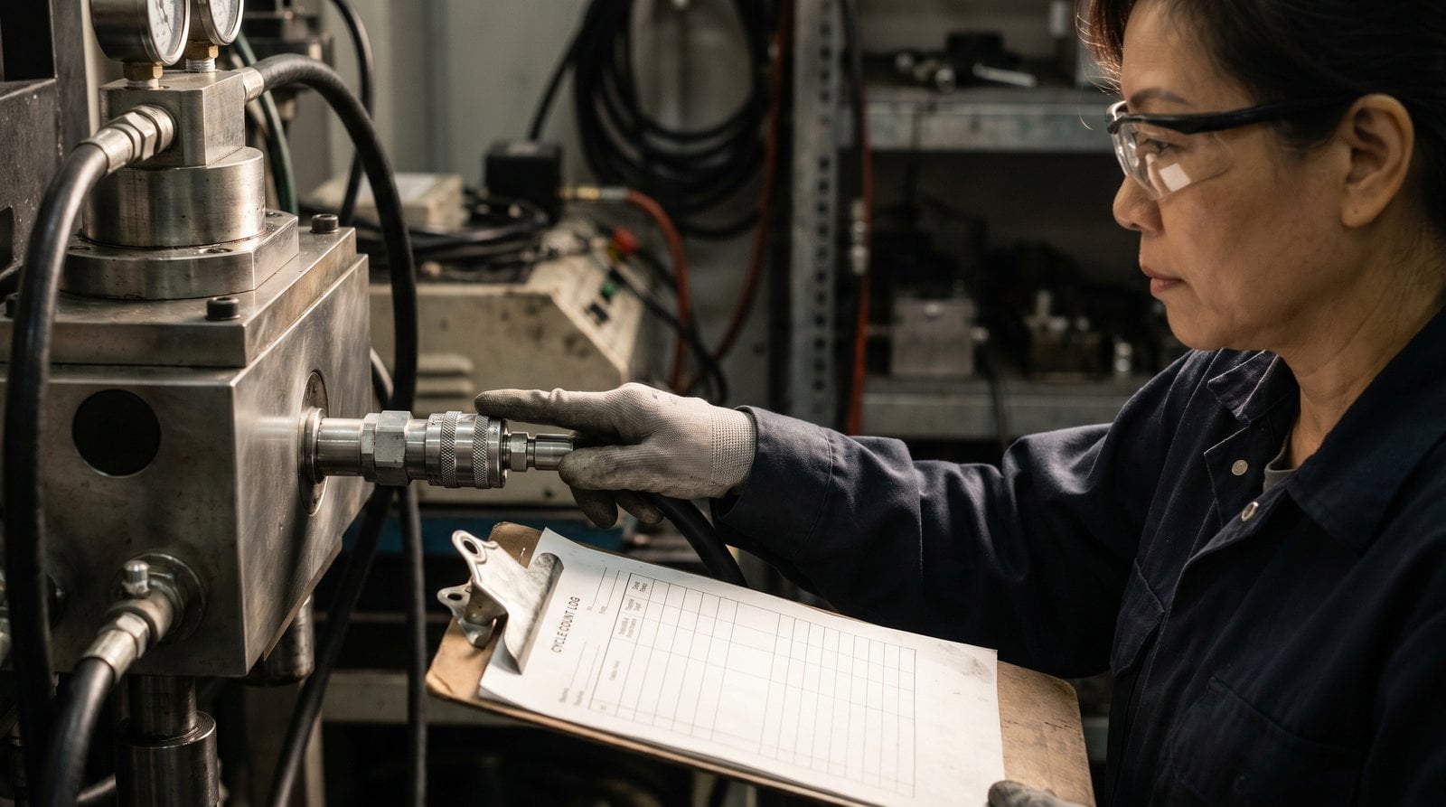 Operator logging cycle counts on a high-use quick-connect fixture.