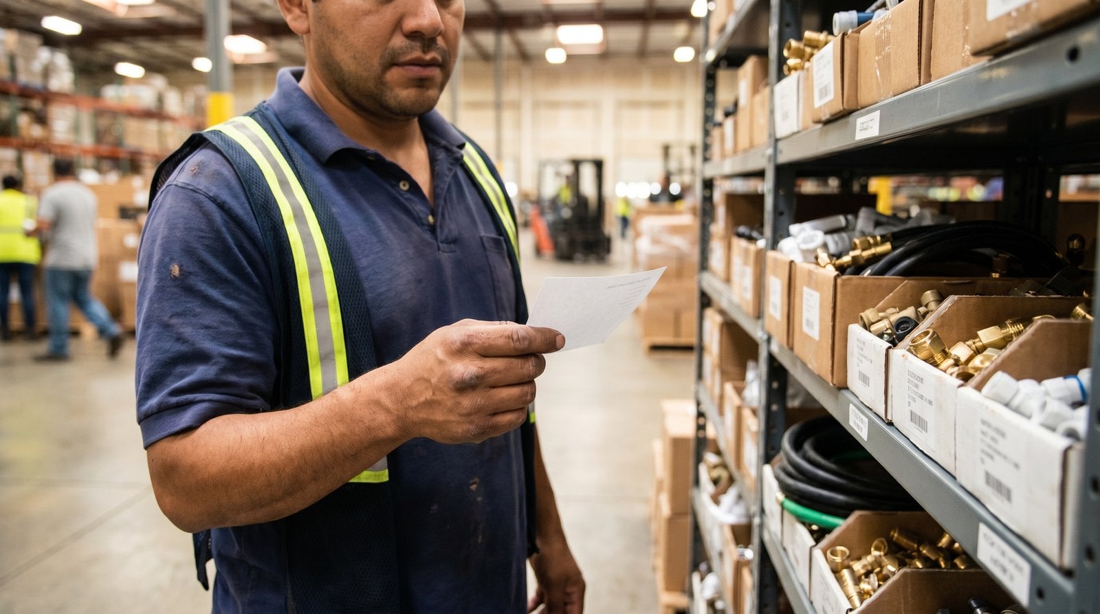 Distribution center worker checking a pick list against tube fitting bins.
