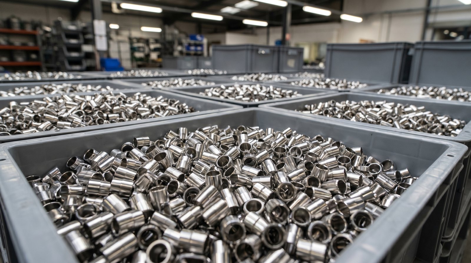 Bulk stainless steel ferrules sorted in inventory bins at an industrial distributor warehouse.