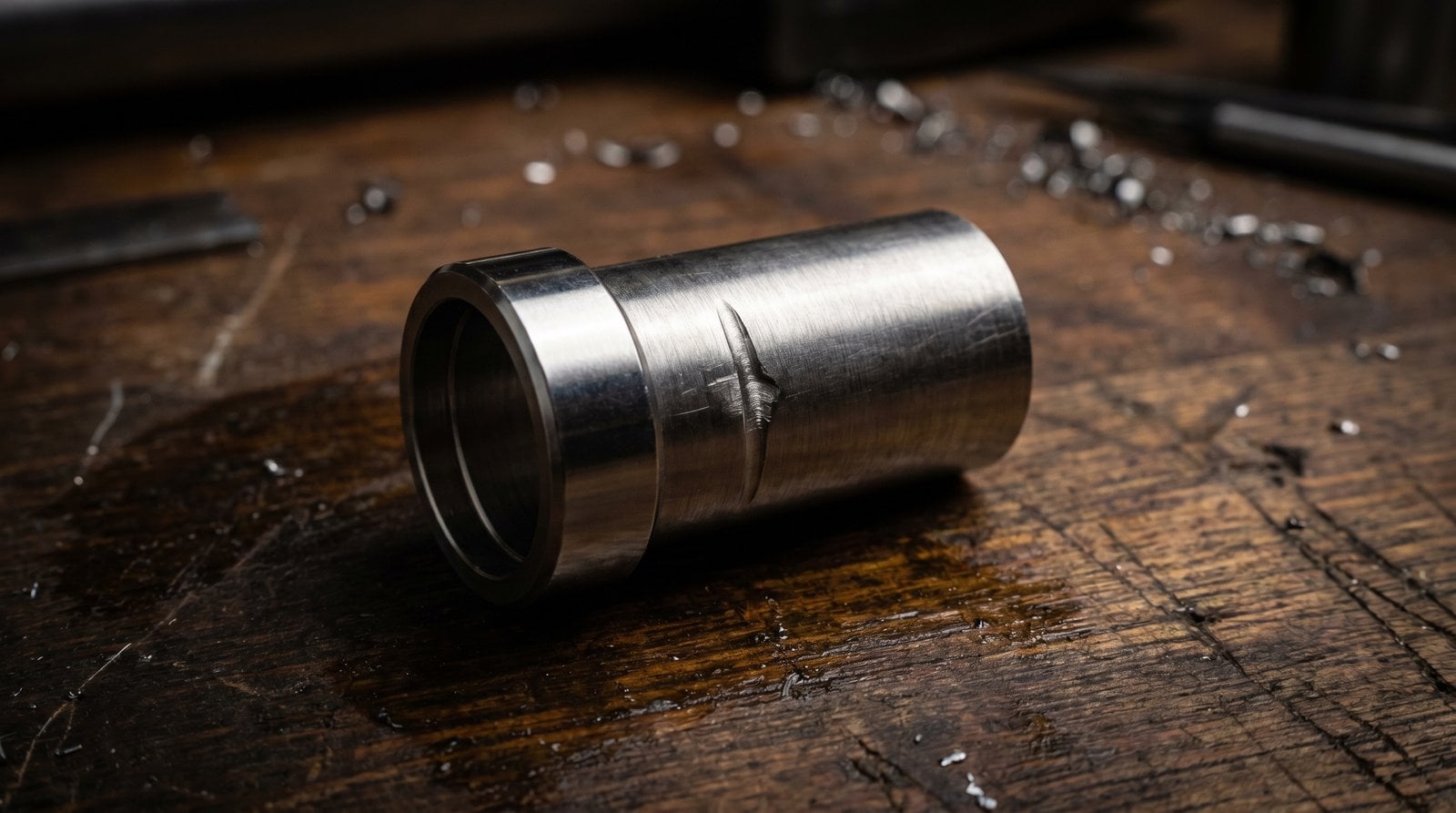 Macro view of a ferrule showing its bite impression on a stainless tube wall.