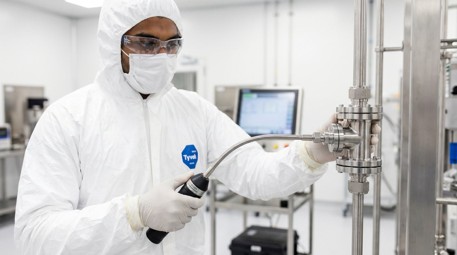 Cleanroom technician using a helium leak detector on a UHP fitting.