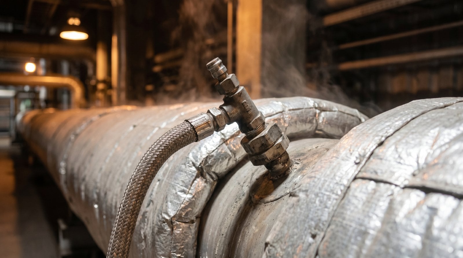 High-temperature instrument tap on an insulated main steam line in a power plant.