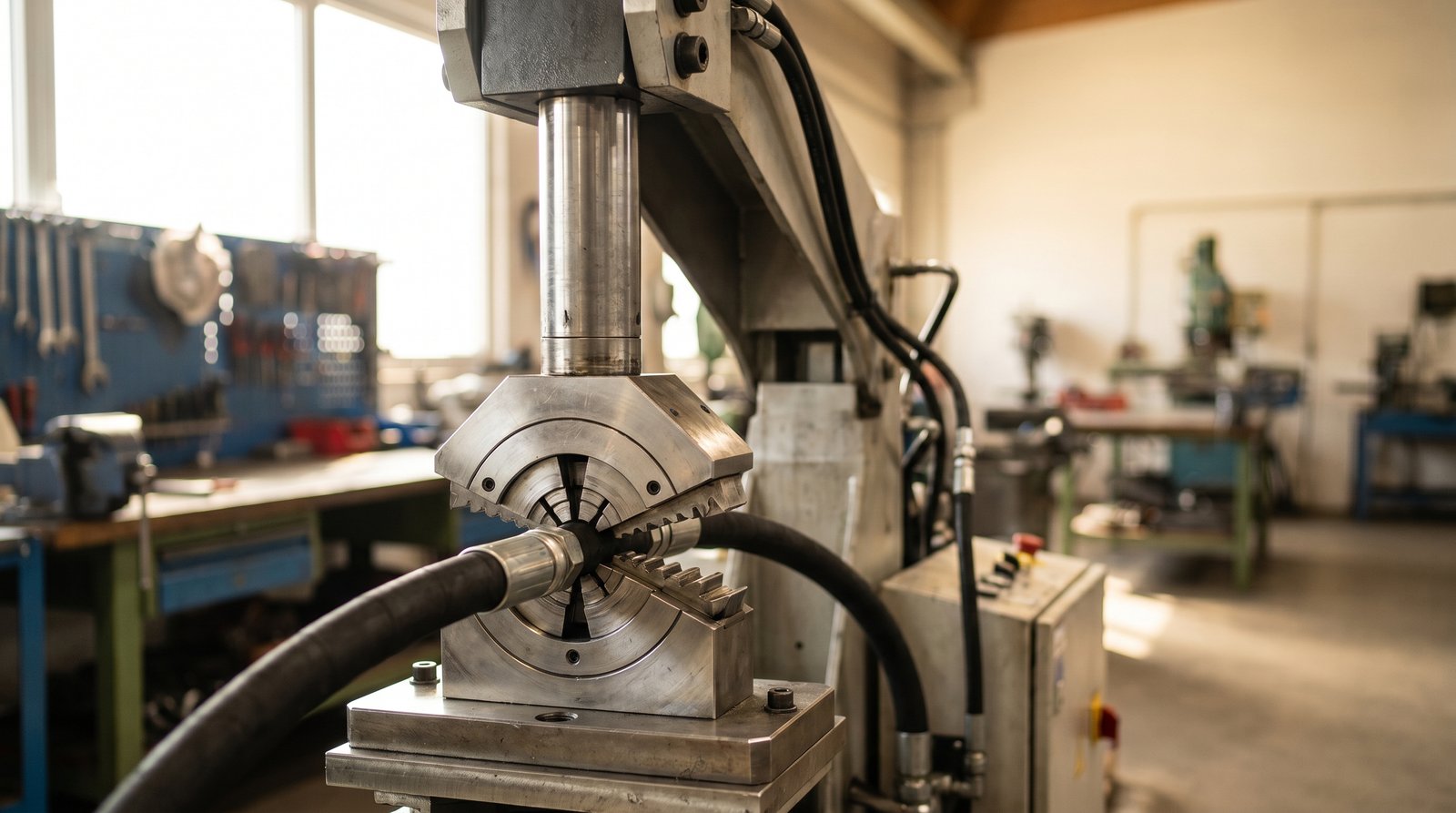 Industrial hose crimping machine with the correct die set ready for an assembly.