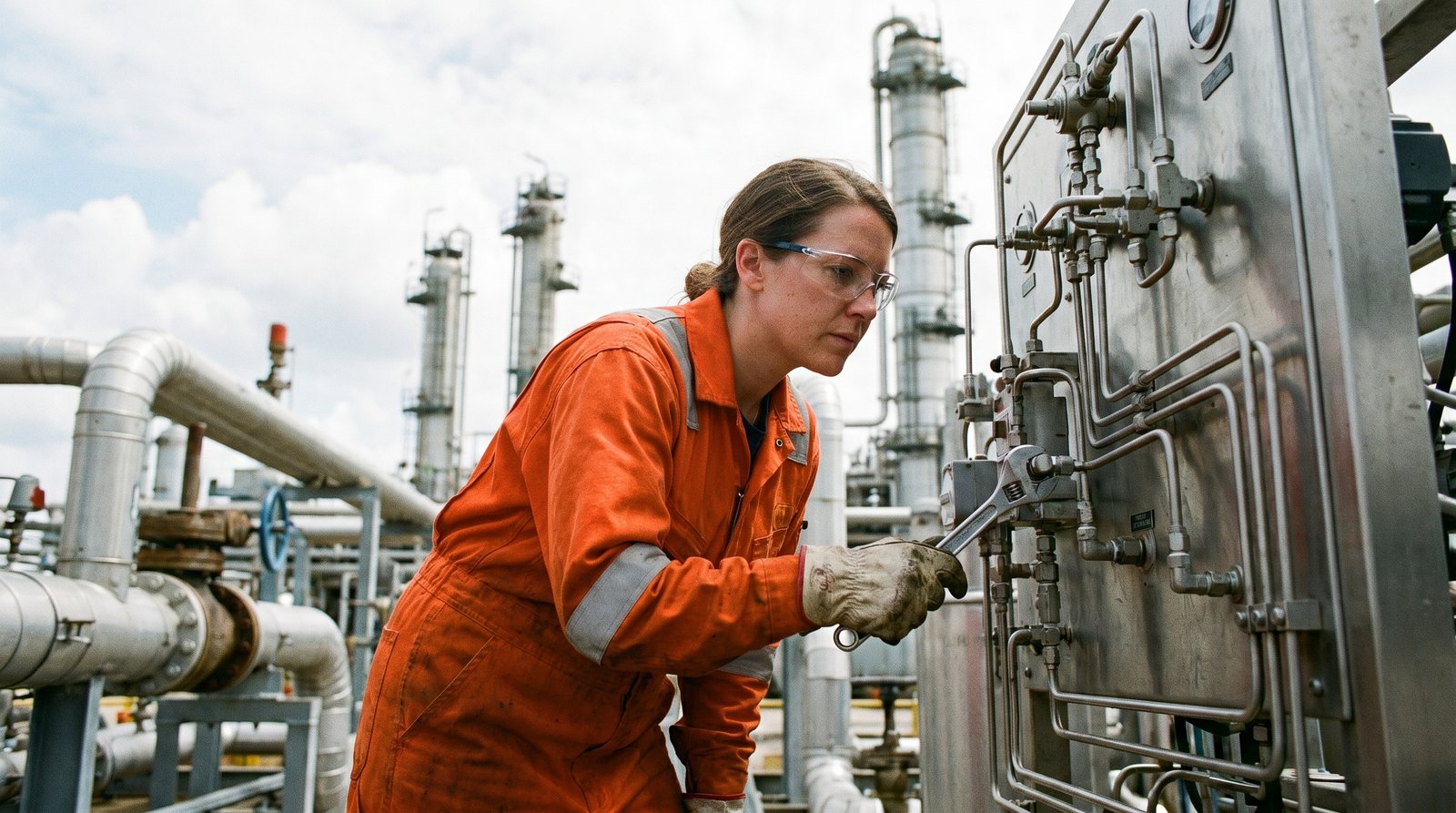 Industrial maintenance engineer inspecting a tube fitting on a hydraulic control panel to confirm hose-vs-tube selection.