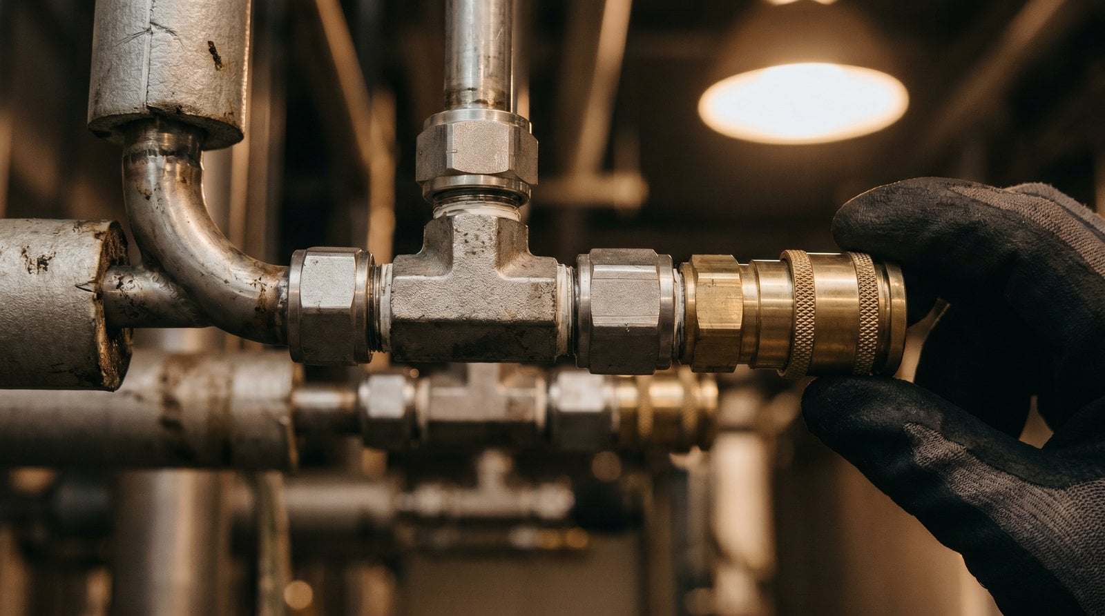 Hybrid installation with permanent compression fittings on the run and a quick-connect at the access point.
