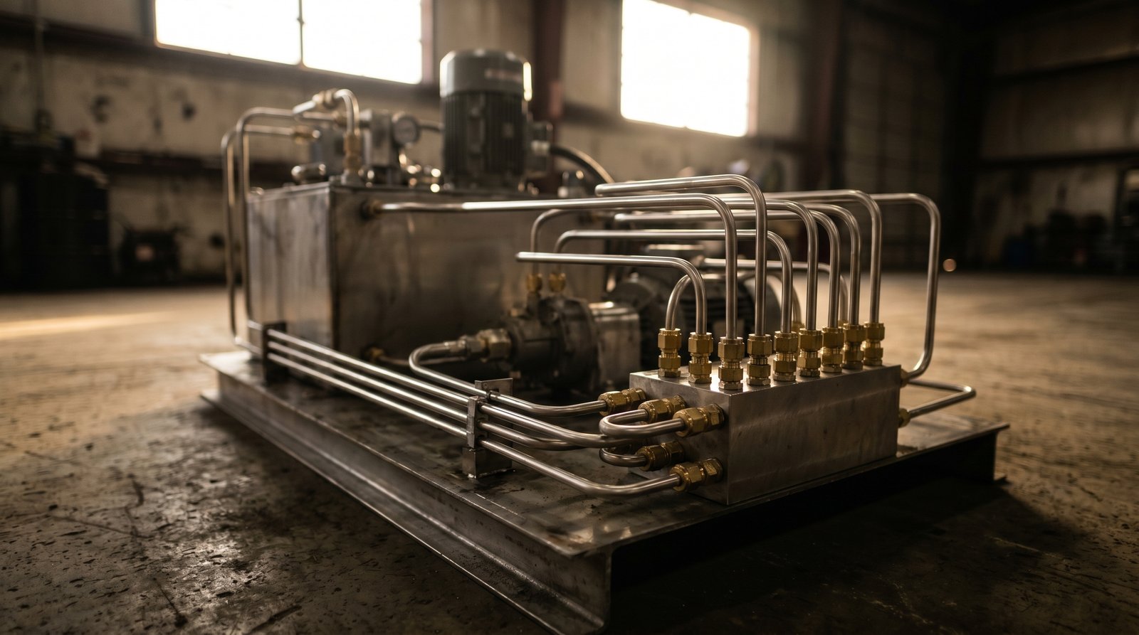 Hydraulic power unit skid with neat stainless tube fittings on the manifold.