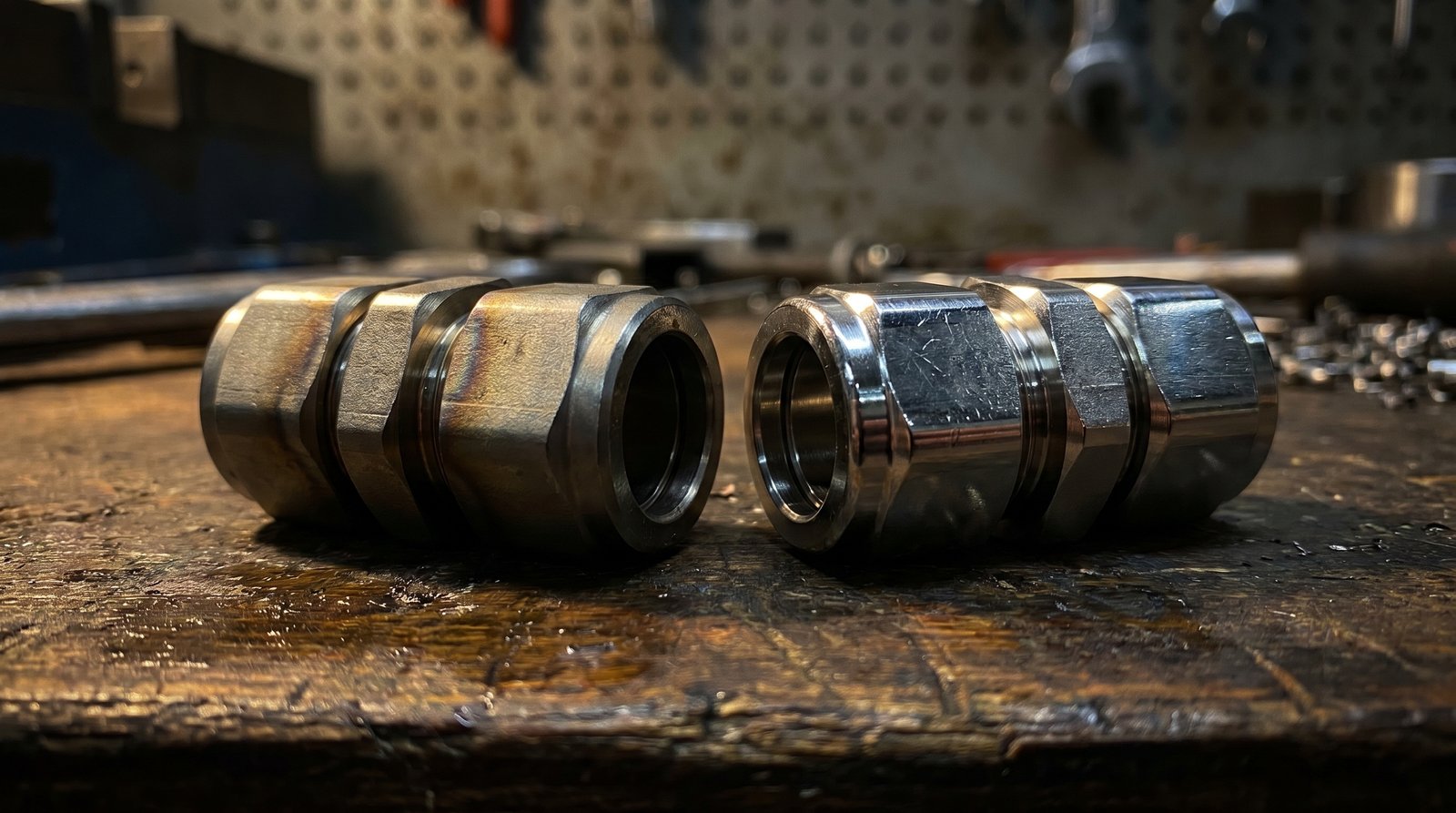 Macro view of an Inconel 625 tube fitting alongside a 316L stainless fitting to show alloy difference.