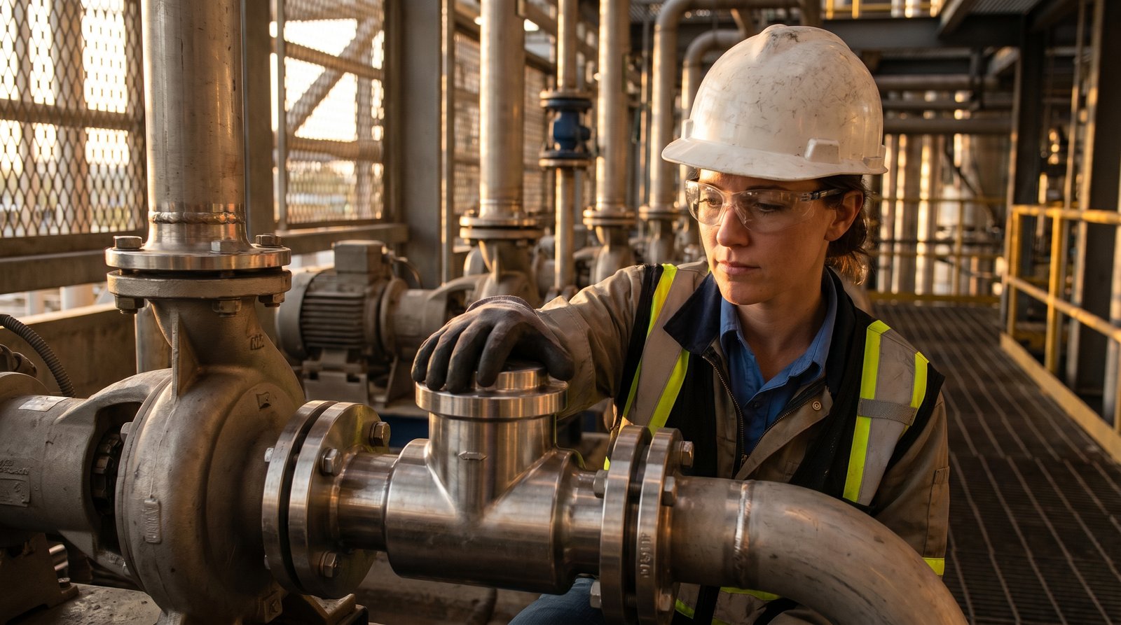 Industrial engineer inspecting a check valve on a pump discharge line.