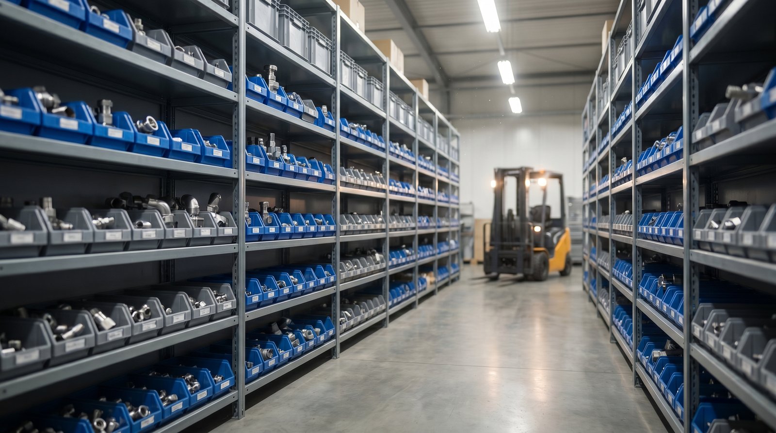 Industrial distributor warehouse aisle stocked with stainless steel tube fittings ready for same-day shipping.