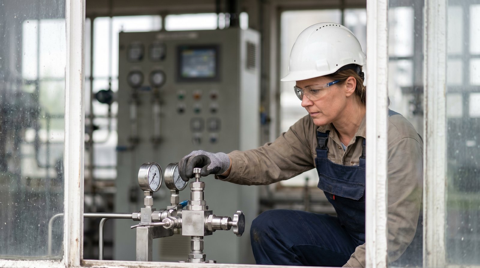 Industrial technician adjusting a needle valve on an instrumentation panel inside a process plant.