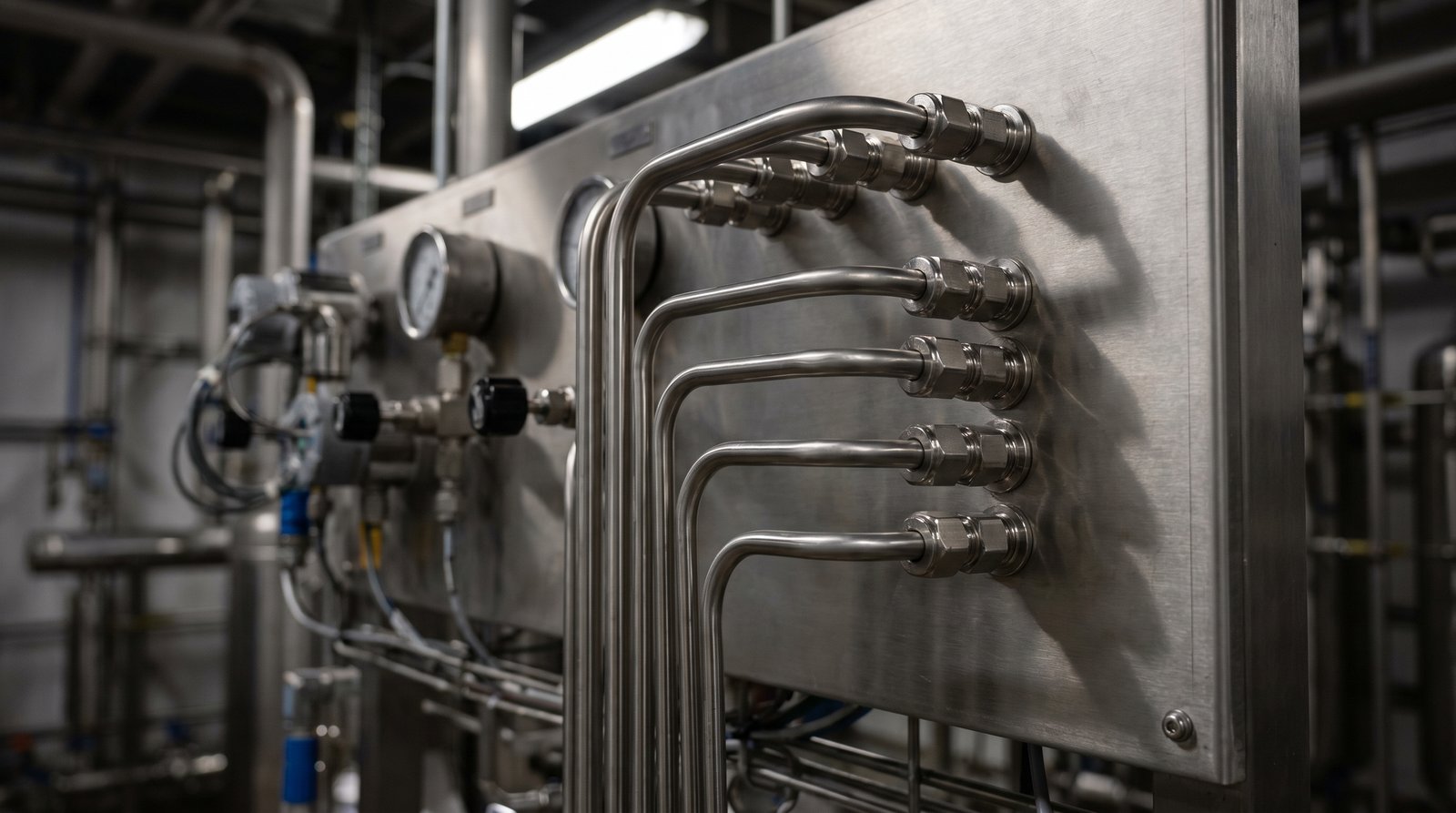 Rigid stainless steel tube run with compression fittings on an industrial instrumentation panel.