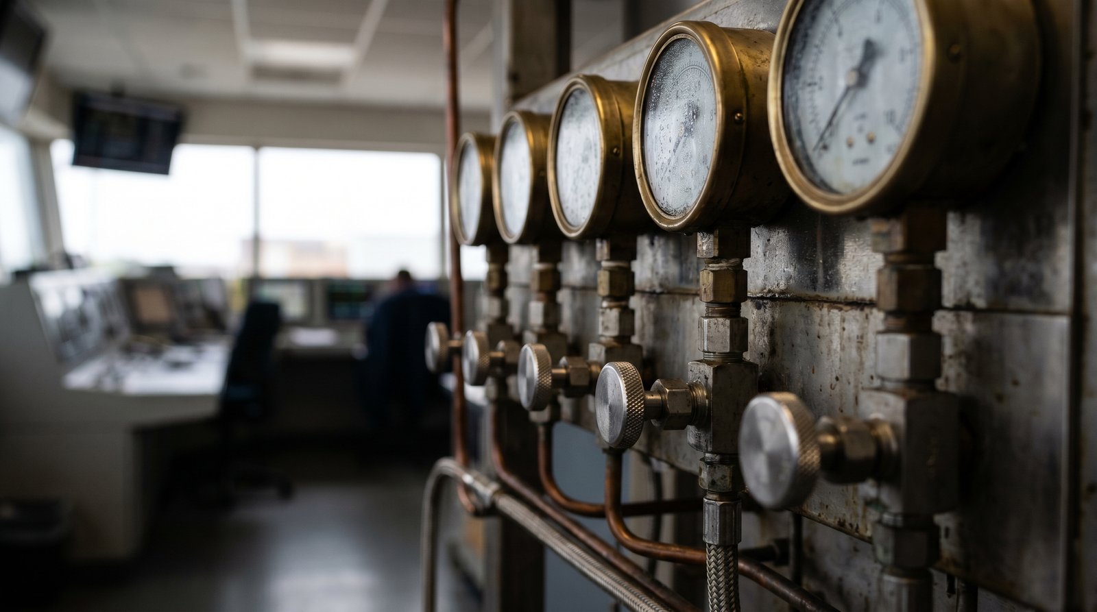 Process plant instrument panel with multiple needle valves and pressure gauges in service.