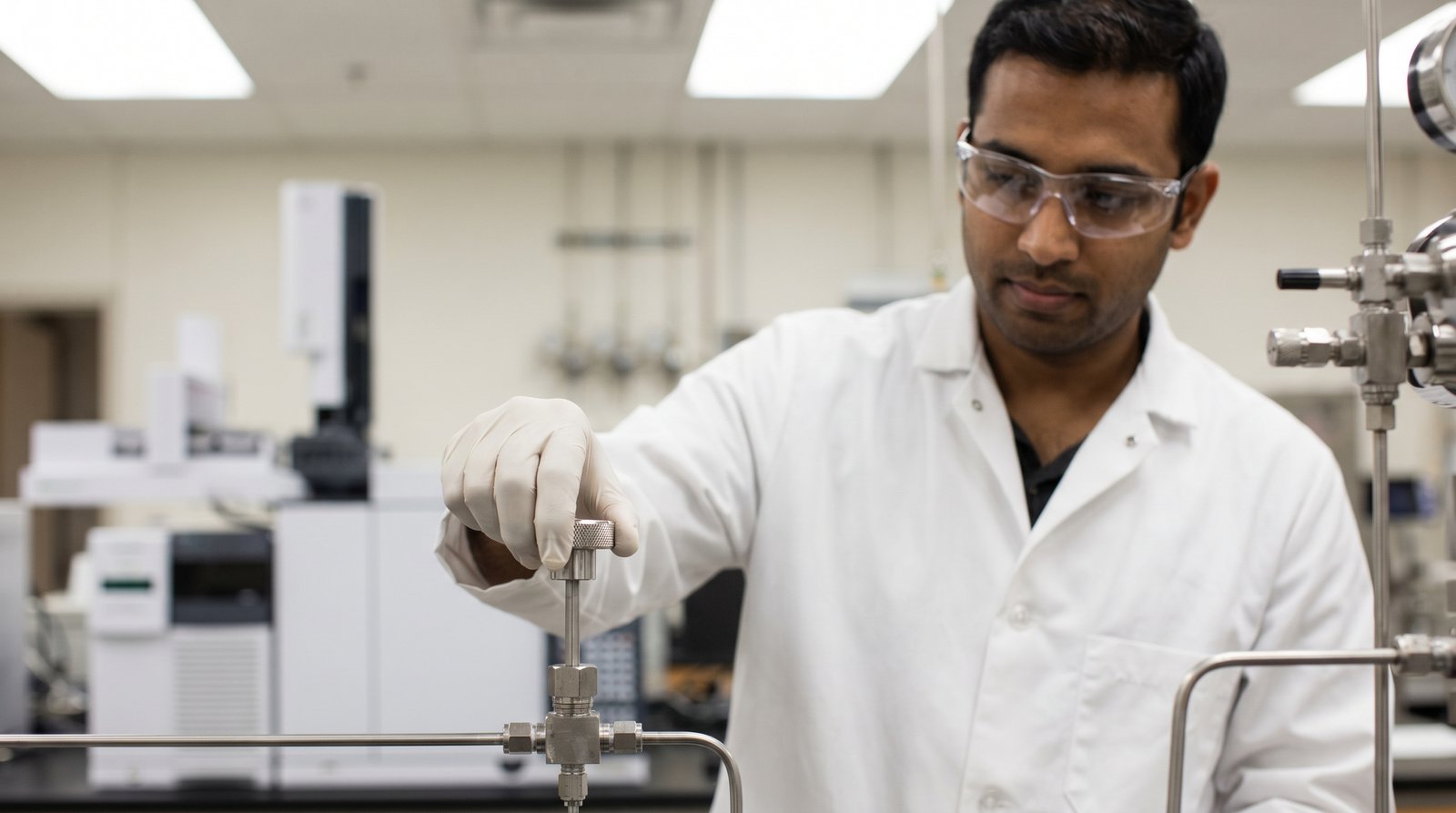 Lab technician calibrating fine flow control through a needle valve on a test rig.