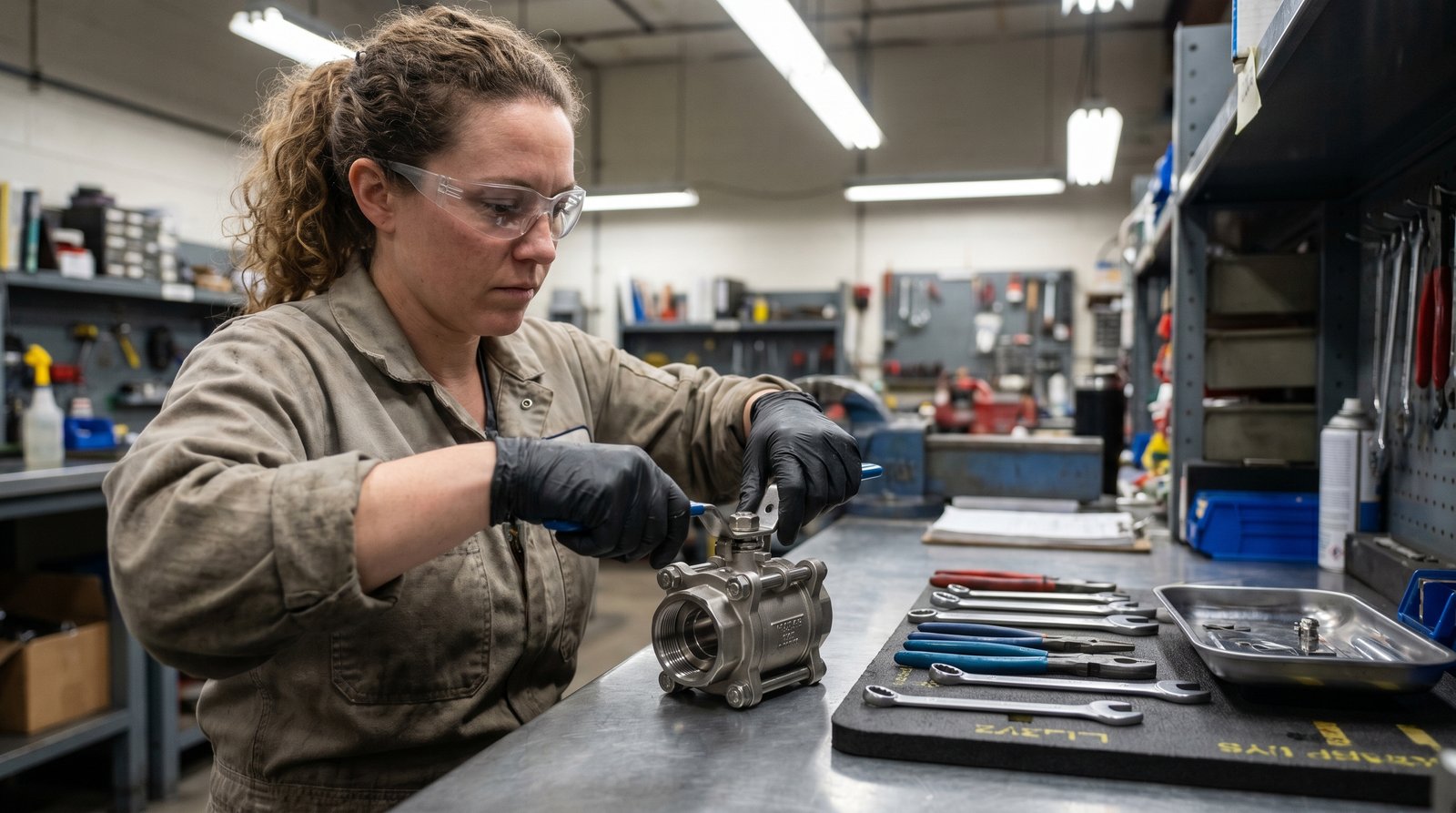 Maintenance technician rebuilding a stainless steel ball valve at a plant maintenance shop bench.