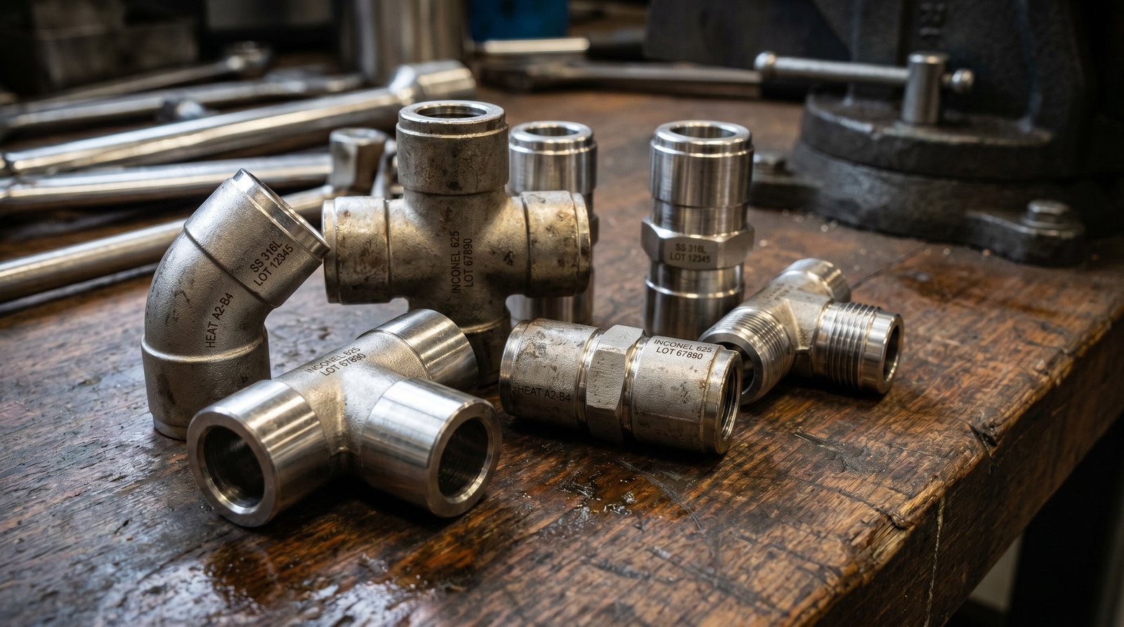 Macro view of NACE-certified stainless steel tube fittings stamped with traceability marks.