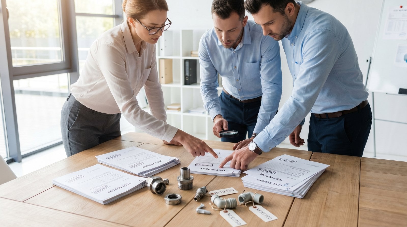 Oilfield procurement team in a meeting reviewing NACE certification paperwork from a failed batch.
