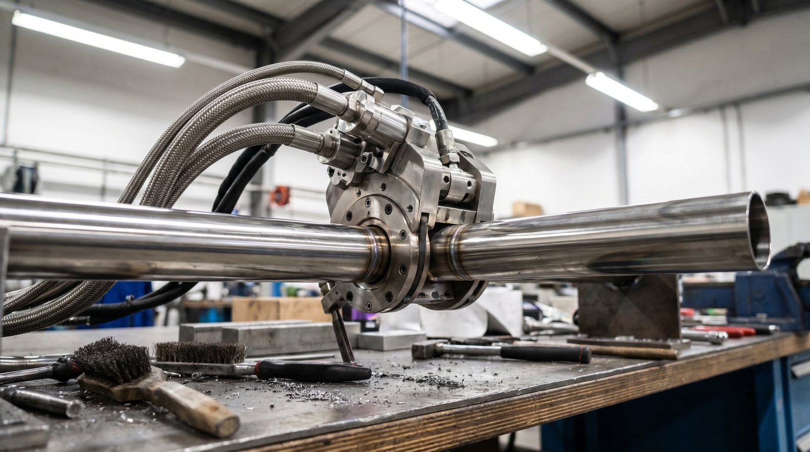 Orbital welding head clamped to electropolished stainless tubing during a UHP installation.