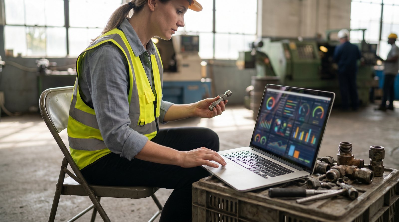Plant engineer calculating outage cost on a laptop at the shop floor.