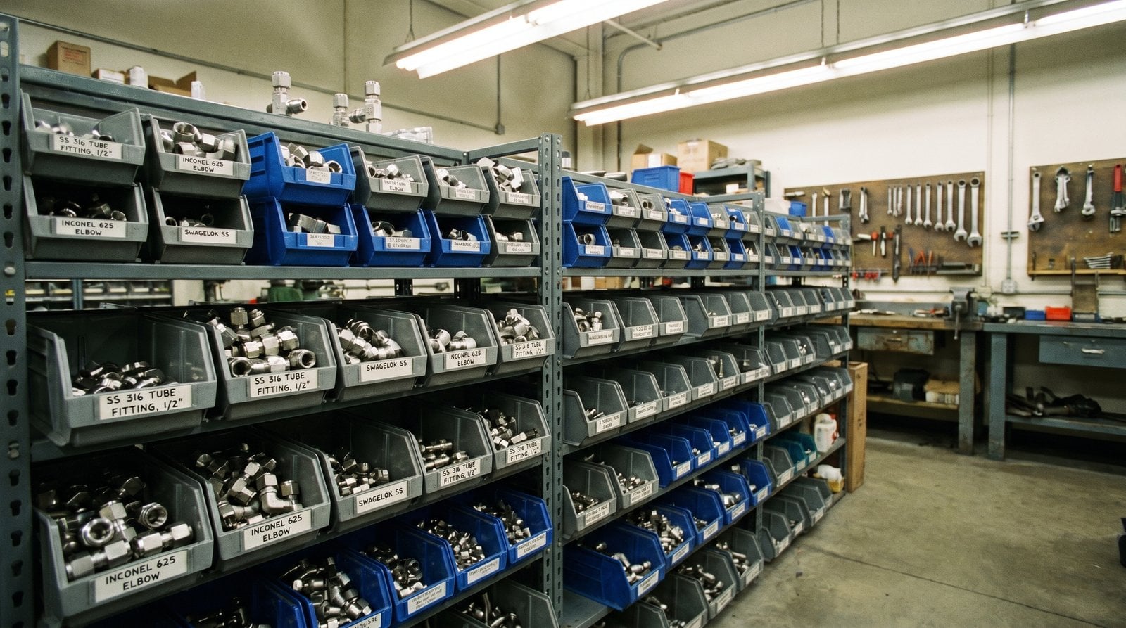Outage planning shelf at a power plant with Inconel and stainless tube fitting spares.
