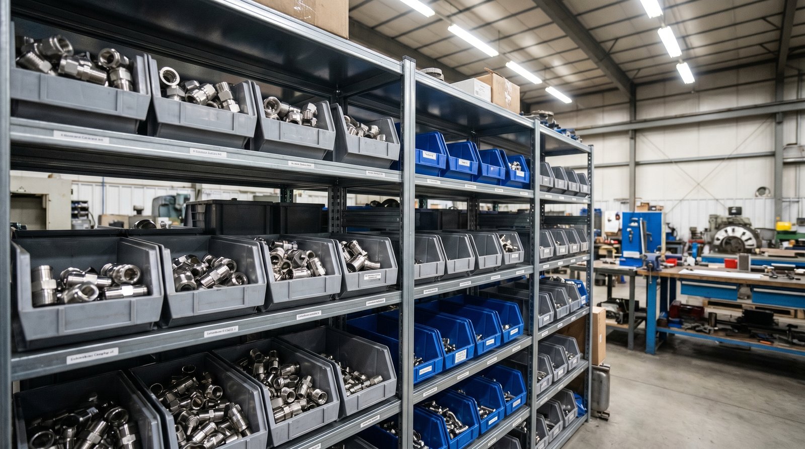 Outage spare-parts shelf at a power plant stocked with Inconel and stainless tube fittings.