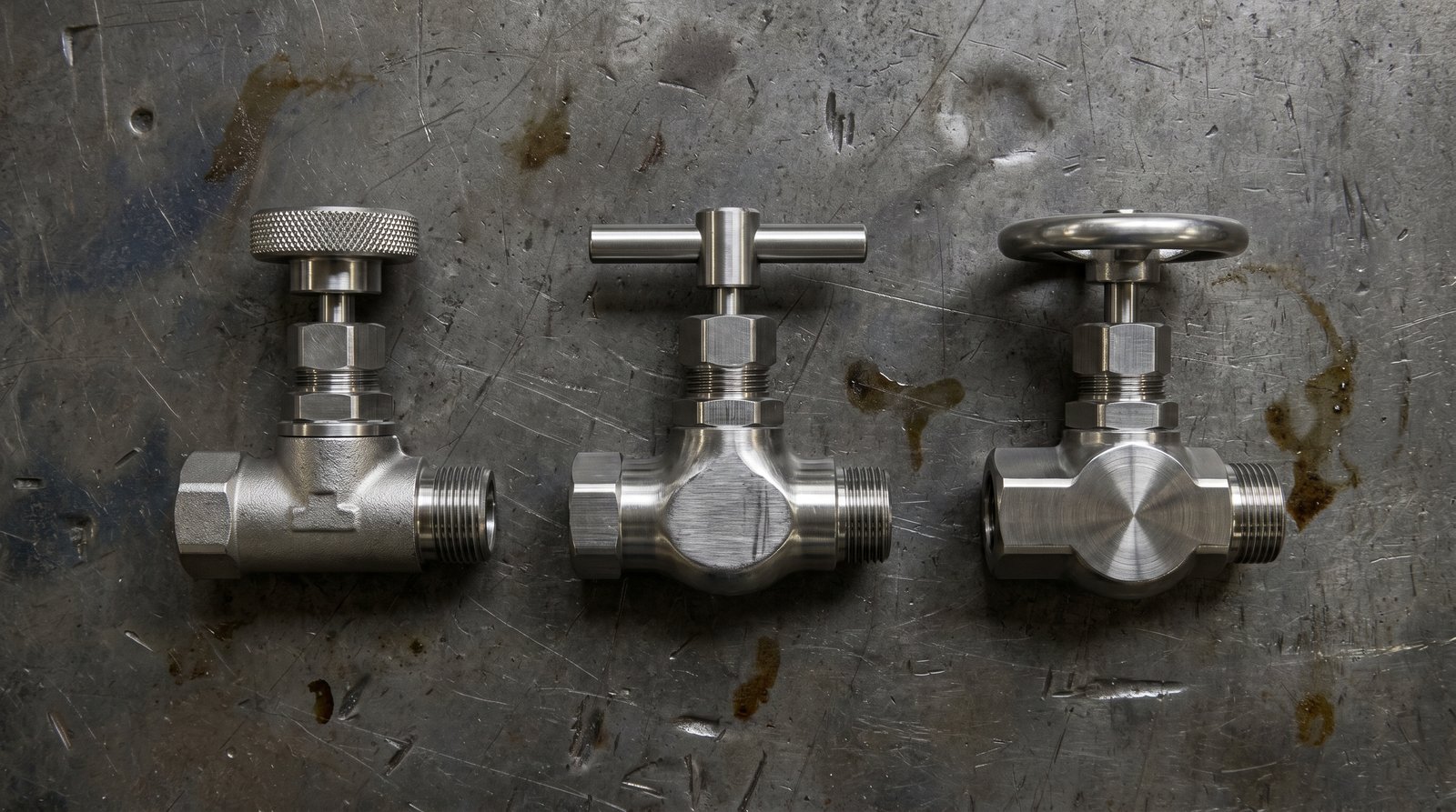 Three different brand needle valves laid out on a workshop bench for comparison.