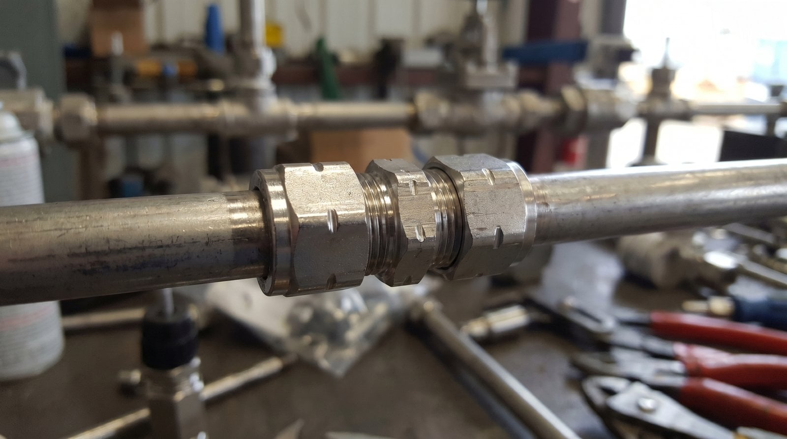 Polished compression fitting permanently installed on a process tube run.