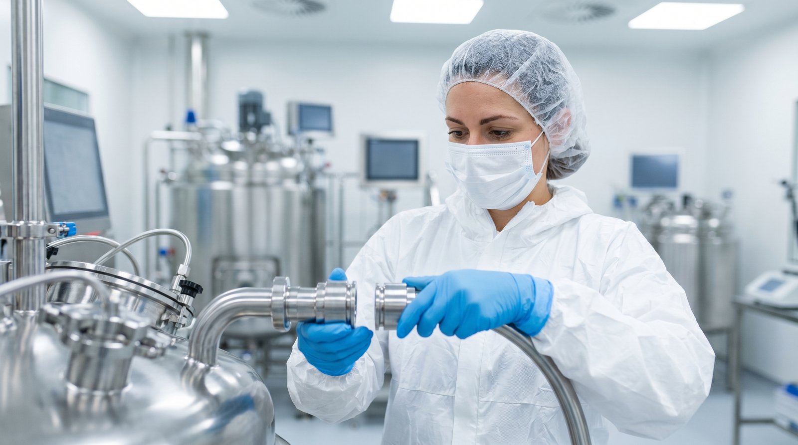 Pharmaceutical operator connecting a sanitary quick-connect on a bioreactor CIP loop.