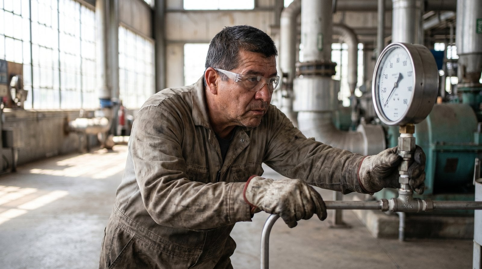 Plant maintenance technician running a leak test on a freshly installed check valve.