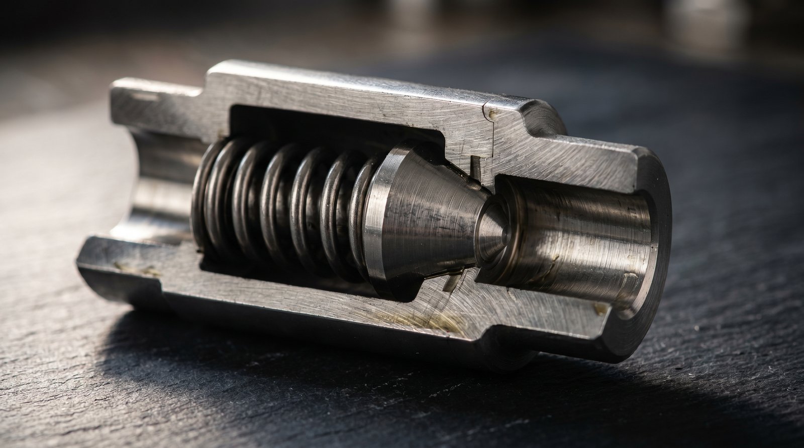 Macro view of a stainless steel poppet check valve cross-section showing the spring and seat.