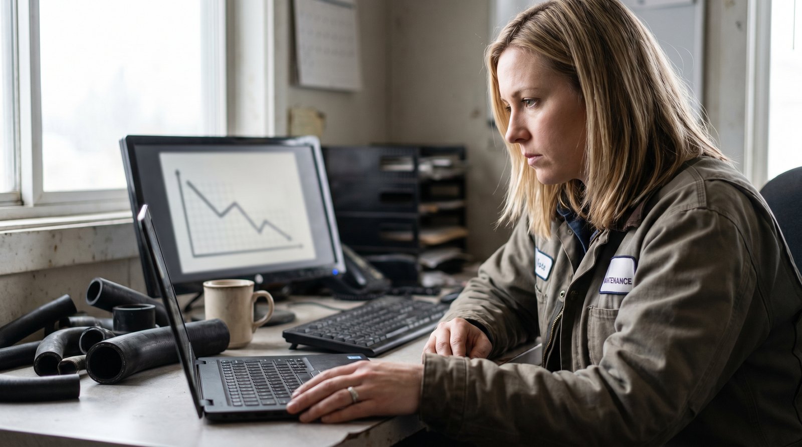 Engineer reviewing a hose pressure-temperature derating curve on a laptop in a maintenance office.
