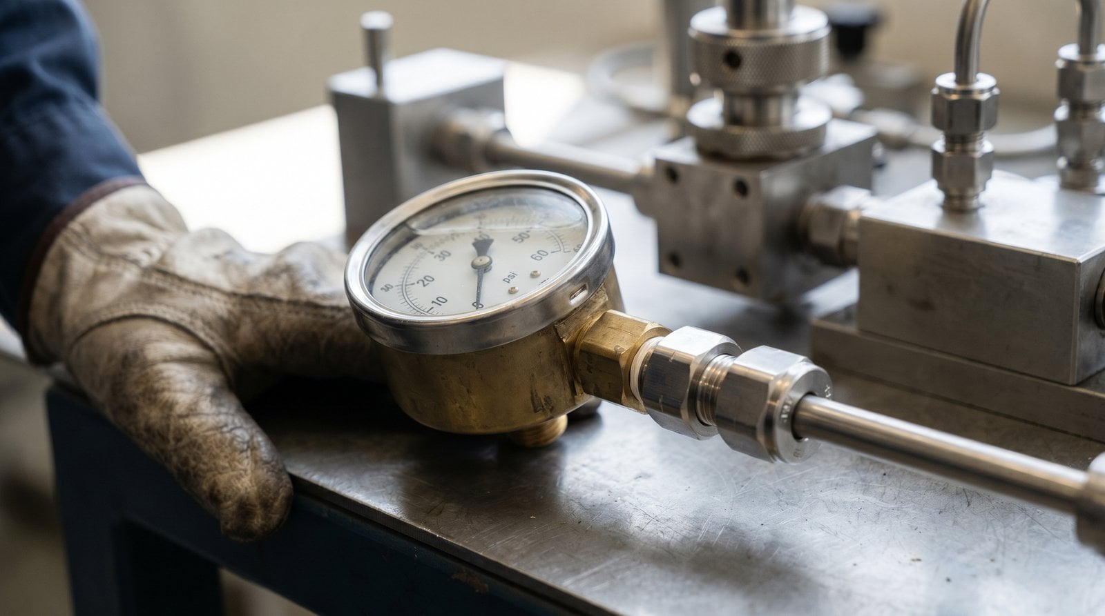 Pressure gauge reading during a leak test on a freshly reassembled compression fitting.