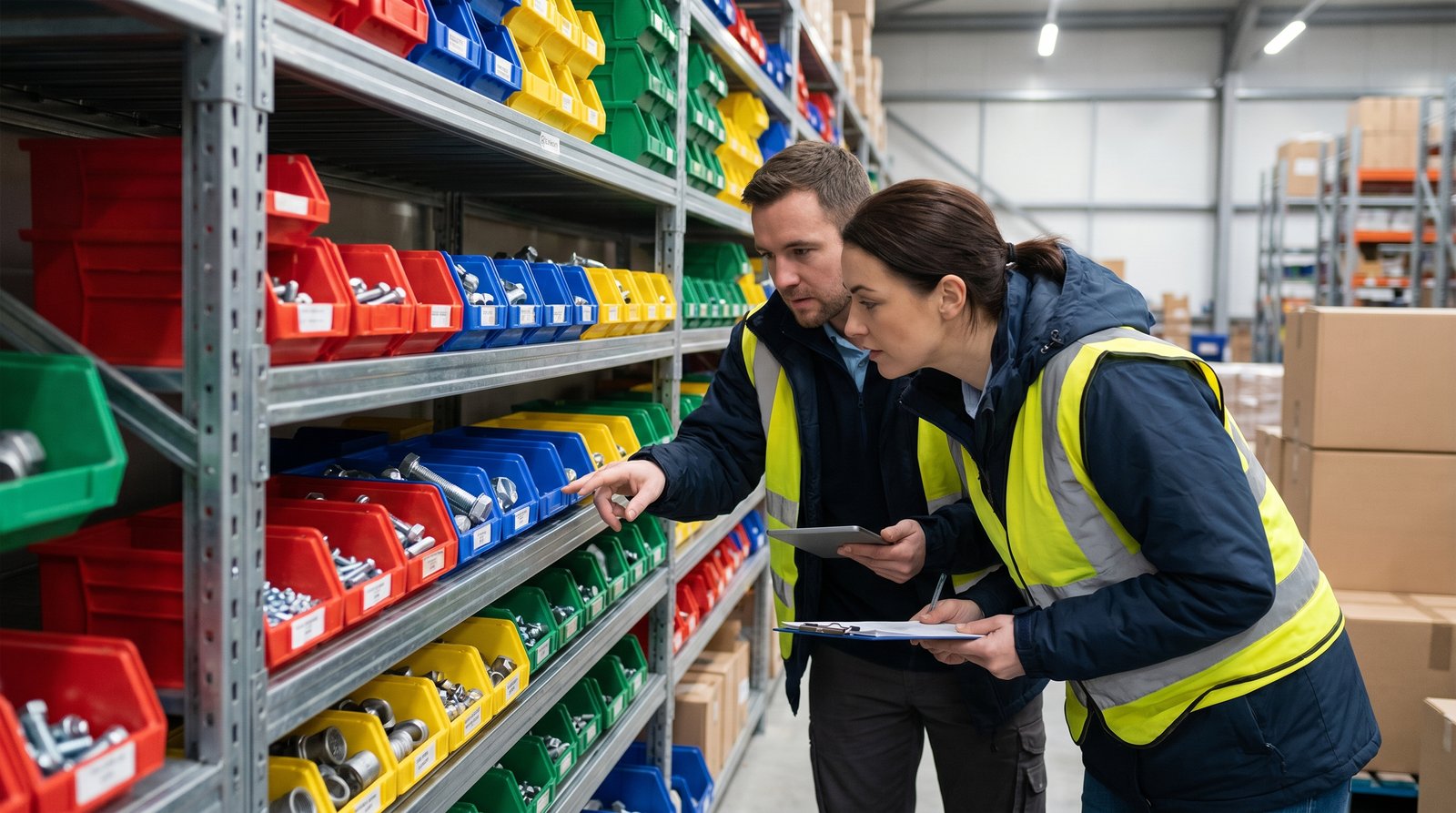 Procurement team reviewing color-coded spare-parts bins separating two brands of fittings.