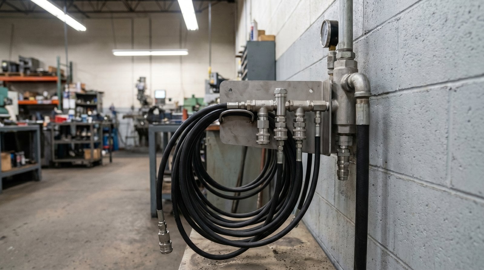 Quick-connect coupling station at a workshop hose drop ready for repeat-cycle use.