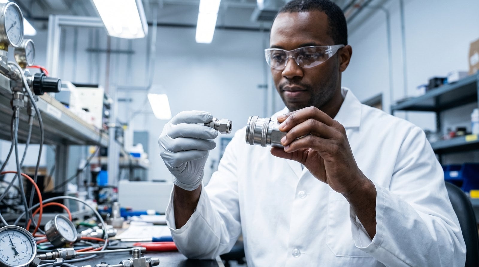 Quick Connect Vs Permanent Fitting Test Rig Decision Test rig technician choosing between a permanent compression fitting and a quick-connect coupling.