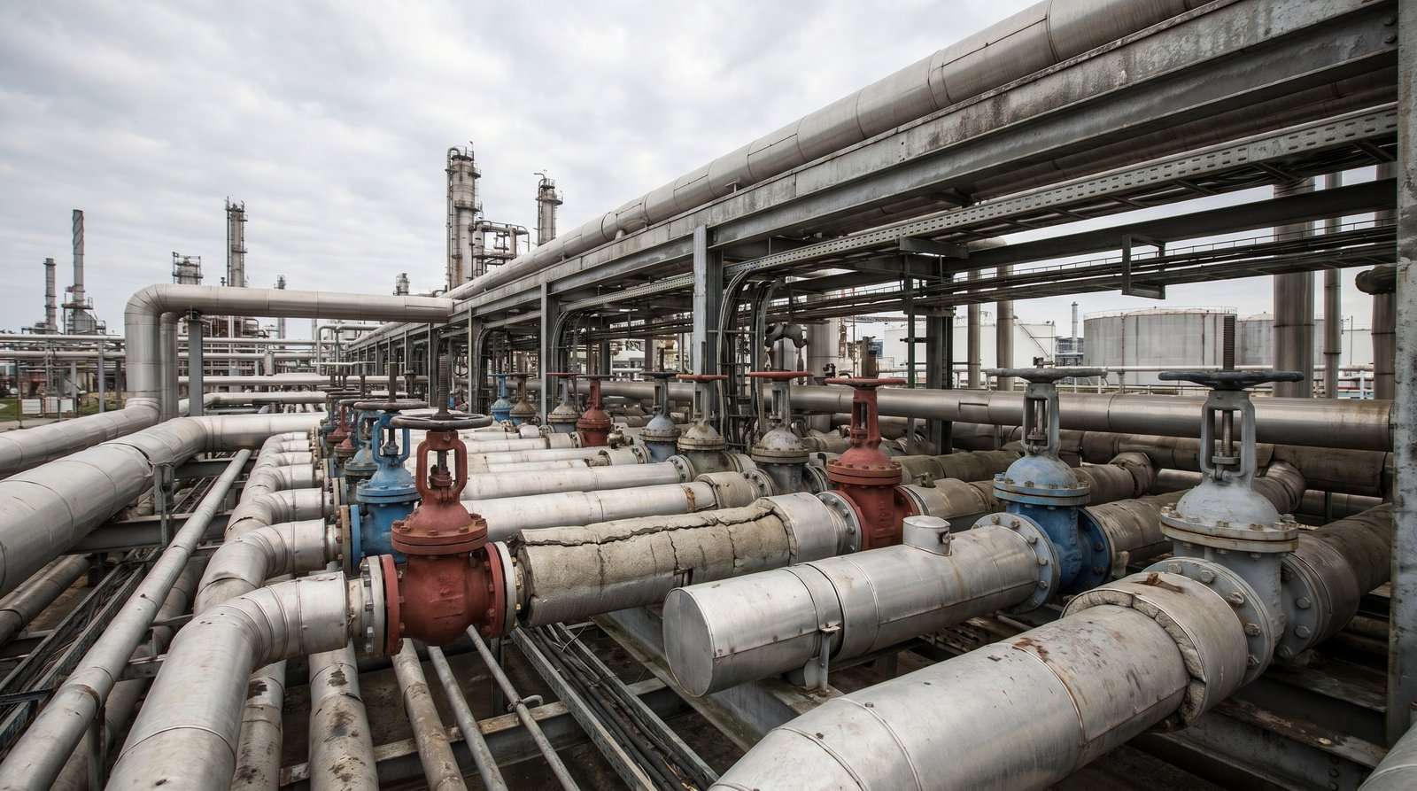 Refinery process piping rack with multiple ball valves used for isolation duty.