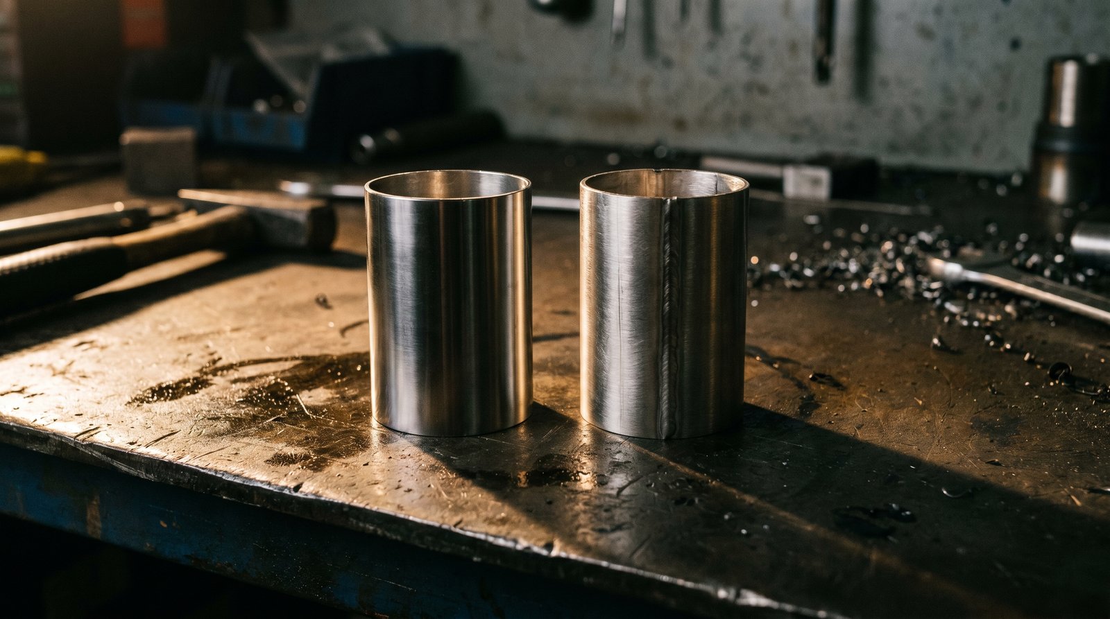 Side-by-side detail of seamless tubing and welded-and-drawn tubing showing the seam.