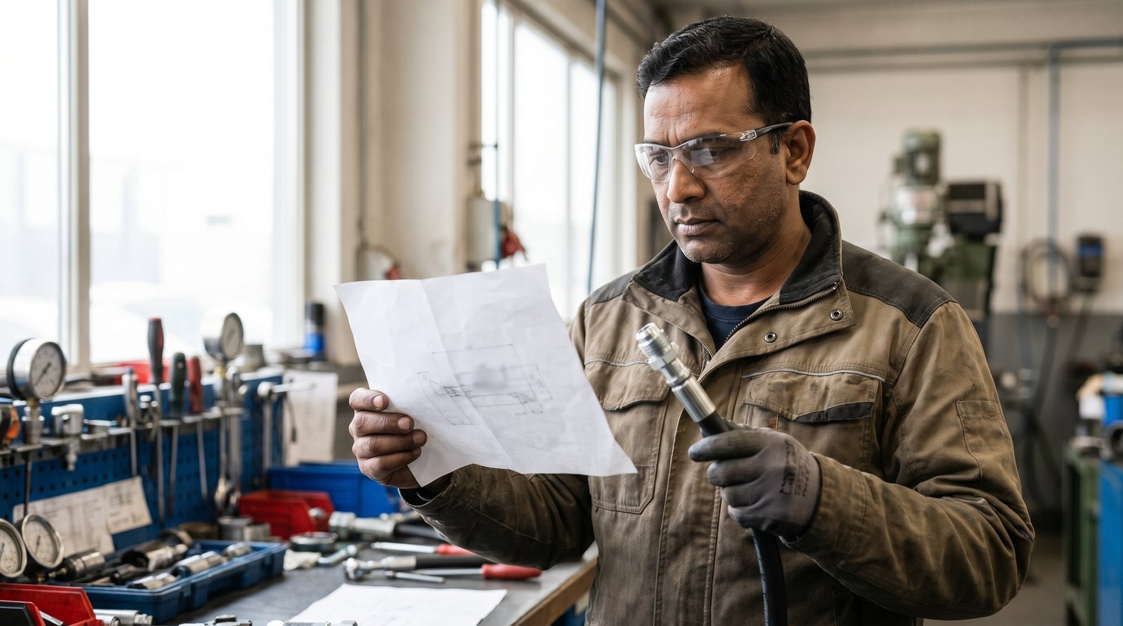 Hydraulic engineer cross-referencing a hose fitting spec sheet against a sample assembly.