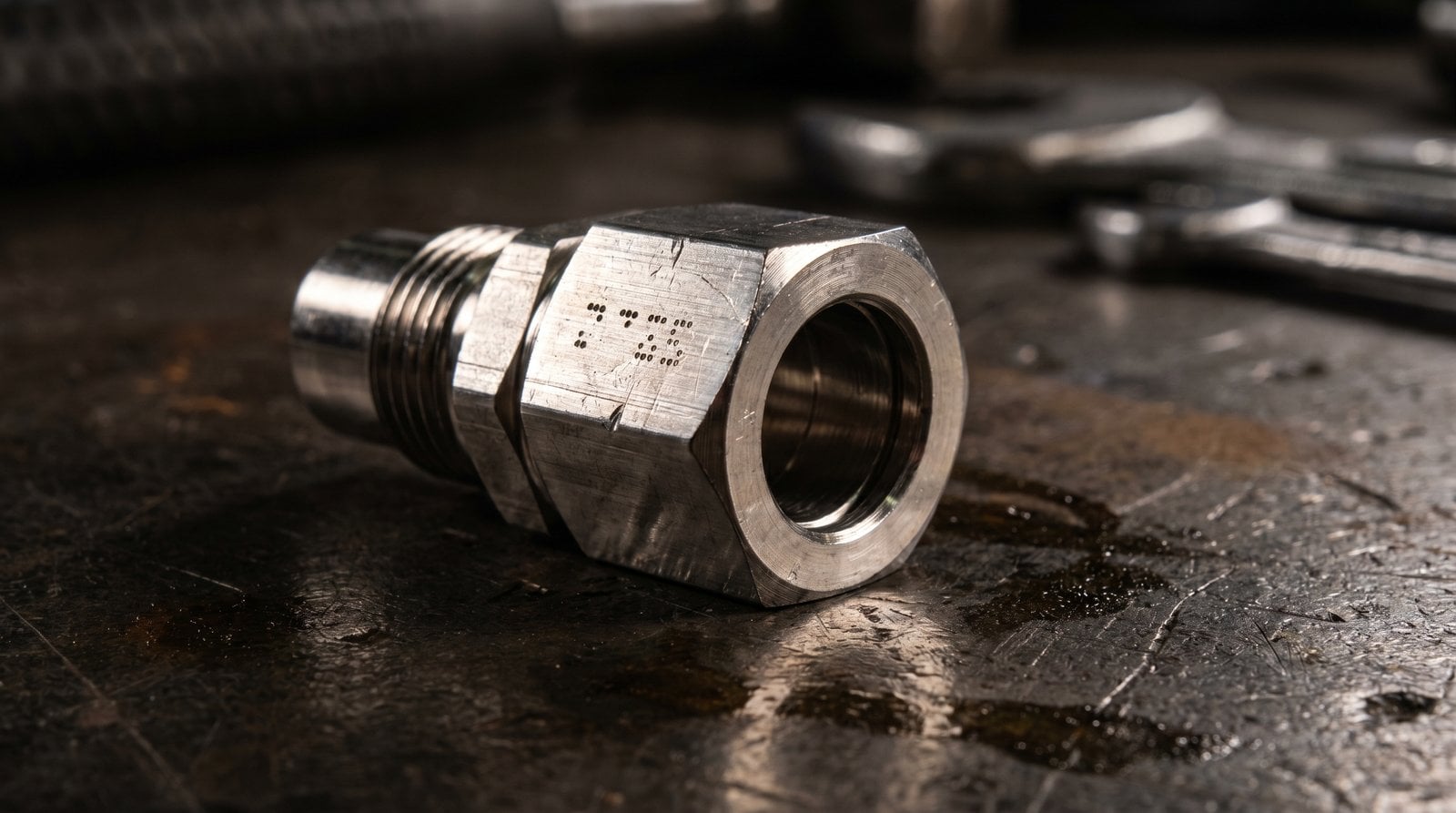 Macro view of a stainless steel tube fitting with stamped size and material code on the body.