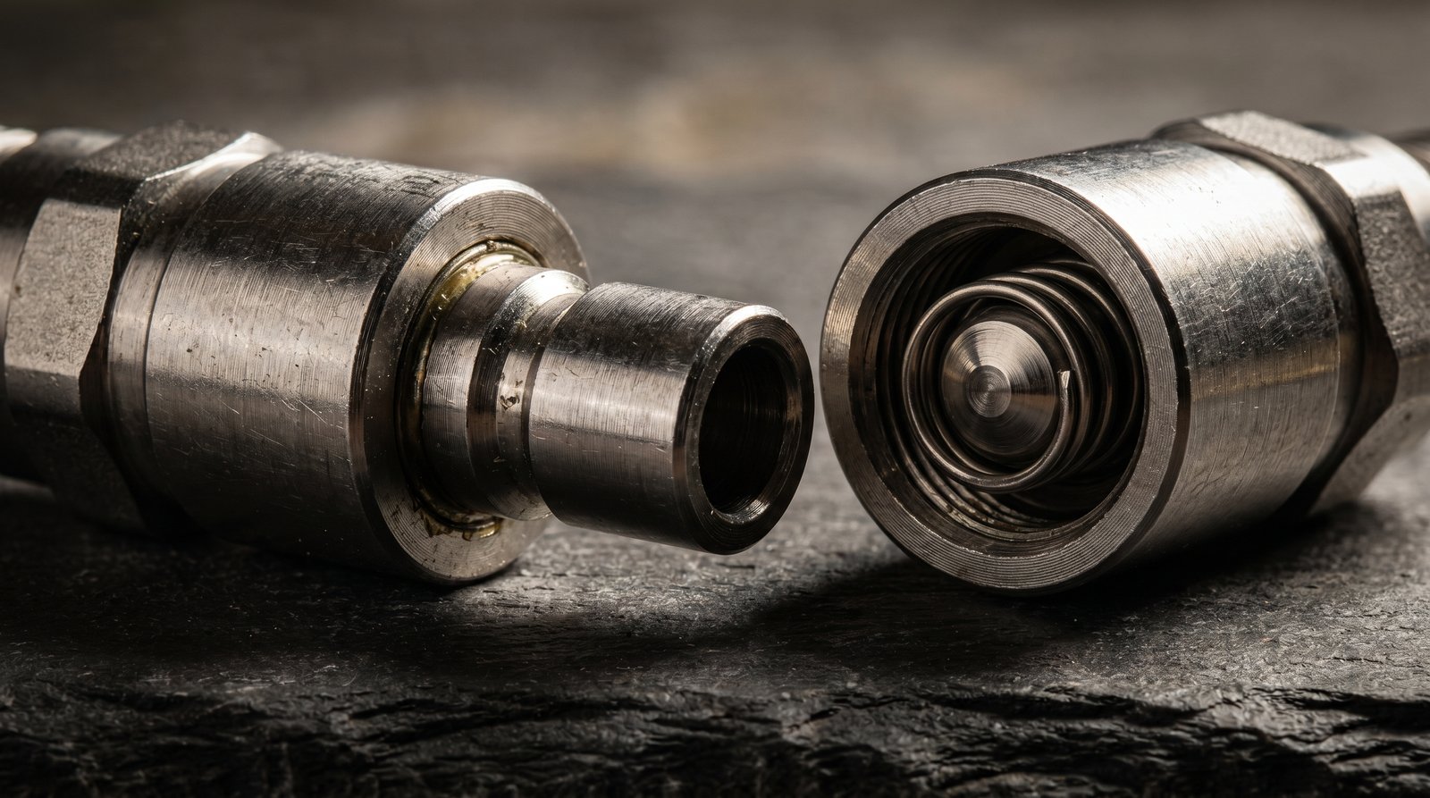 Macro view of a dry-disconnect stainless steel quick-connect coupling with sleeve and poppet visible.